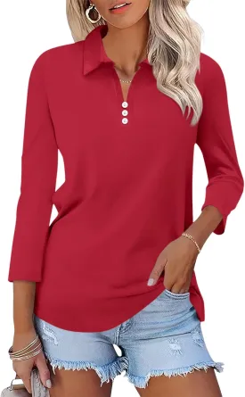 Womens Tops 3/4 Sleeve Polo Shirts Business Casual V Neck Collared Shirts Basic Tees Blouse