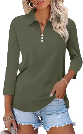 Womens Tops 3/4 Sleeve Polo Shirts Business Casual V Neck Collared Shirts Basic Tees Blouse
