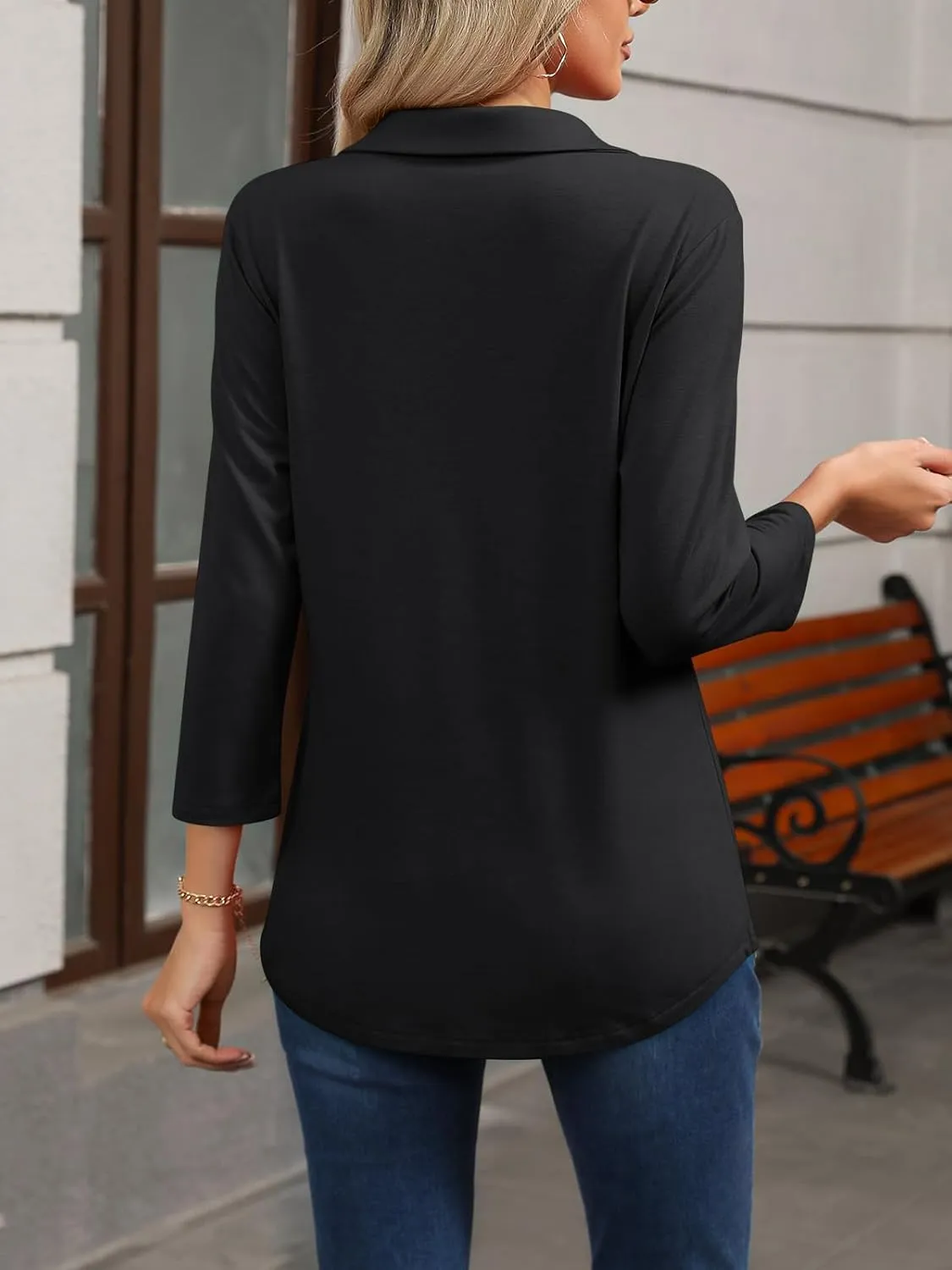 Womens Tops 3/4 Sleeve Polo Shirts Business Casual V Neck Collared Shirts Basic Tees Blouse