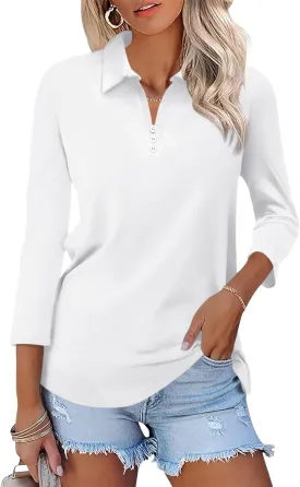 Womens Tops 3/4 Sleeve Polo Shirts Business Casual V Neck Collared Shirts Basic Tees Blouse