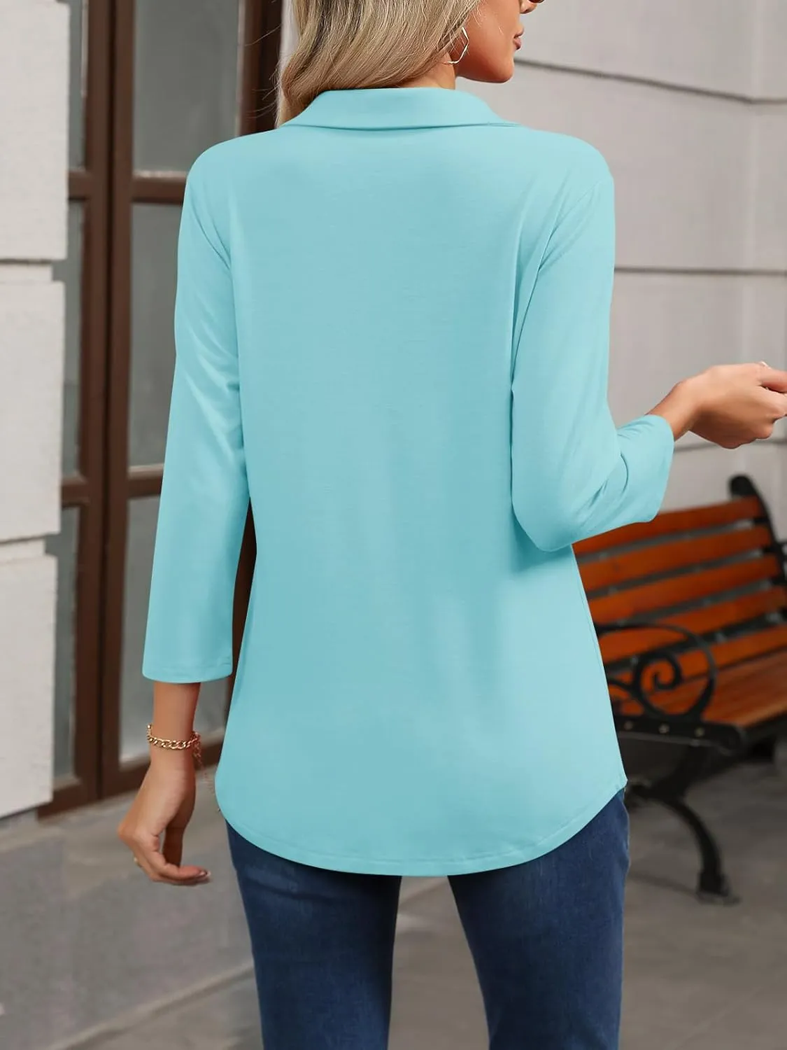 Womens Tops 3/4 Sleeve Polo Shirts Business Casual V Neck Collared Shirts Basic Tees Blouse