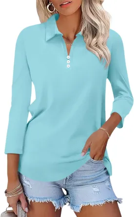 Womens Tops 3/4 Sleeve Polo Shirts Business Casual V Neck Collared Shirts Basic Tees Blouse