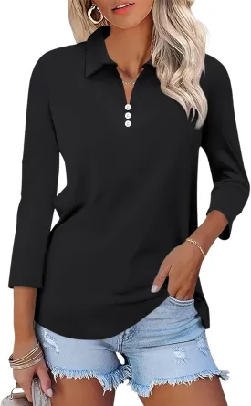 Womens Tops 3/4 Sleeve Polo Shirts Business Casual V Neck Collared Shirts Basic Tees Blouse