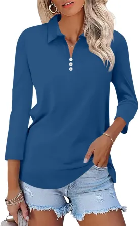 Womens Tops 3/4 Sleeve Polo Shirts Business Casual V Neck Collared Shirts Basic Tees Blouse