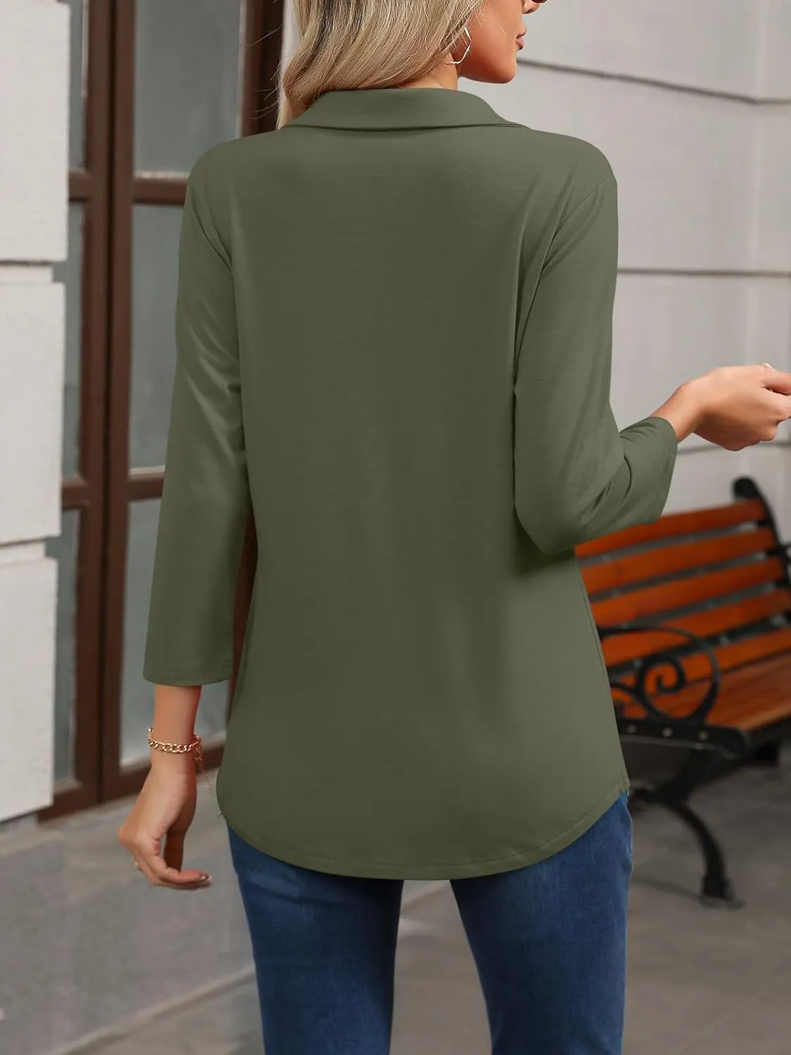 Womens Tops 3/4 Sleeve Polo Shirts Business Casual V Neck Collared Shirts Basic Tees Blouse