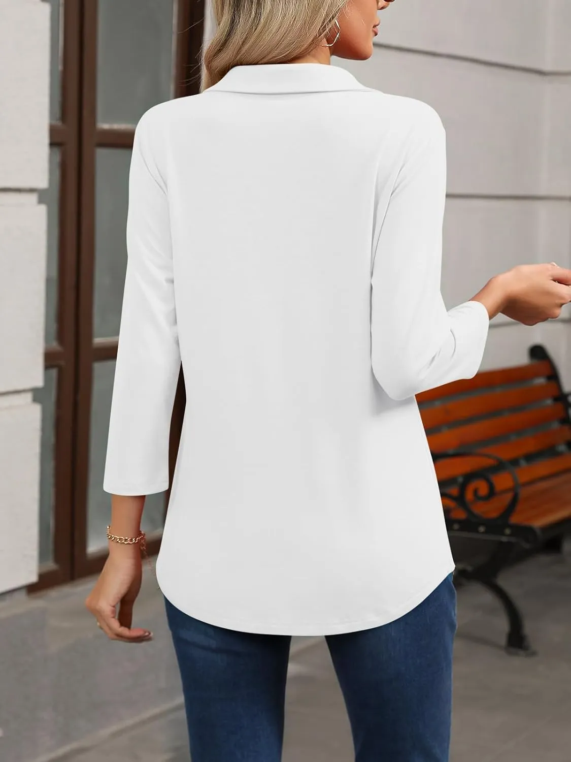 Womens Tops 3/4 Sleeve Polo Shirts Business Casual V Neck Collared Shirts Basic Tees Blouse