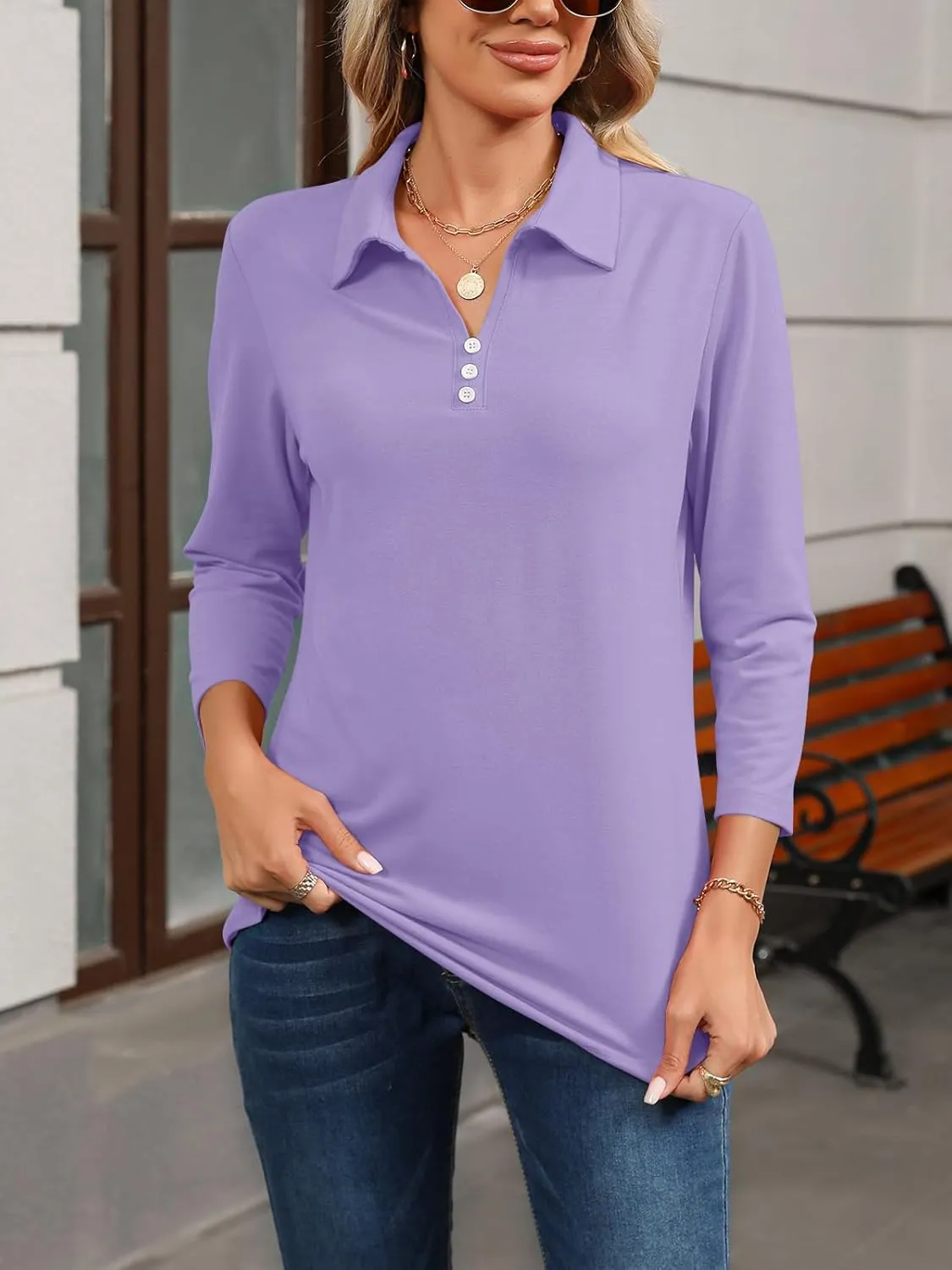 Womens Tops 3/4 Sleeve Polo Shirts Business Casual V Neck Collared Shirts Basic Tees Blouse