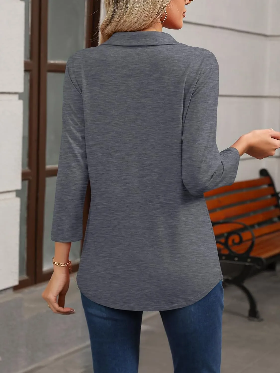 Womens Tops 3/4 Sleeve Polo Shirts Business Casual V Neck Collared Shirts Basic Tees Blouse