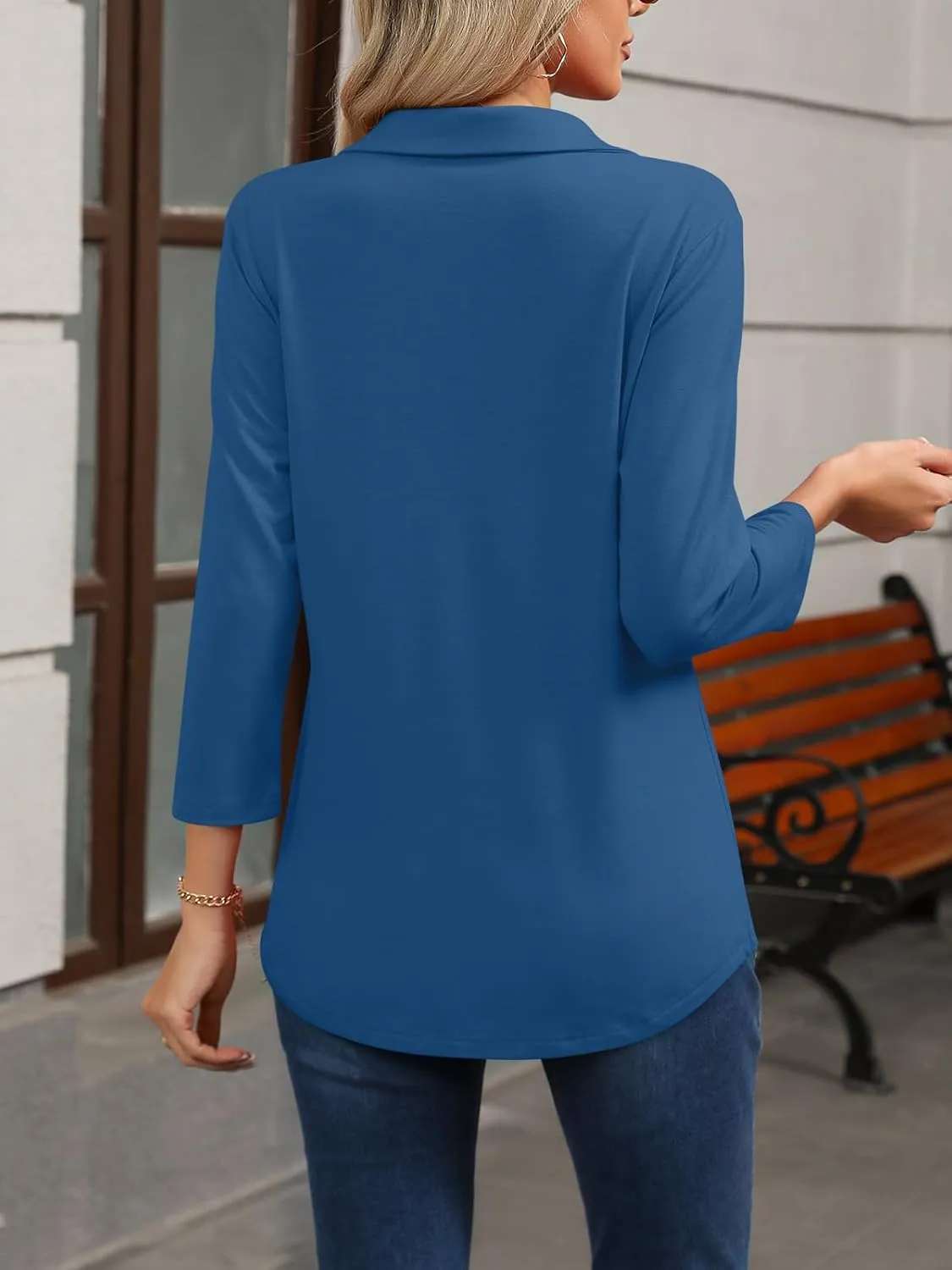 Womens Tops 3/4 Sleeve Polo Shirts Business Casual V Neck Collared Shirts Basic Tees Blouse