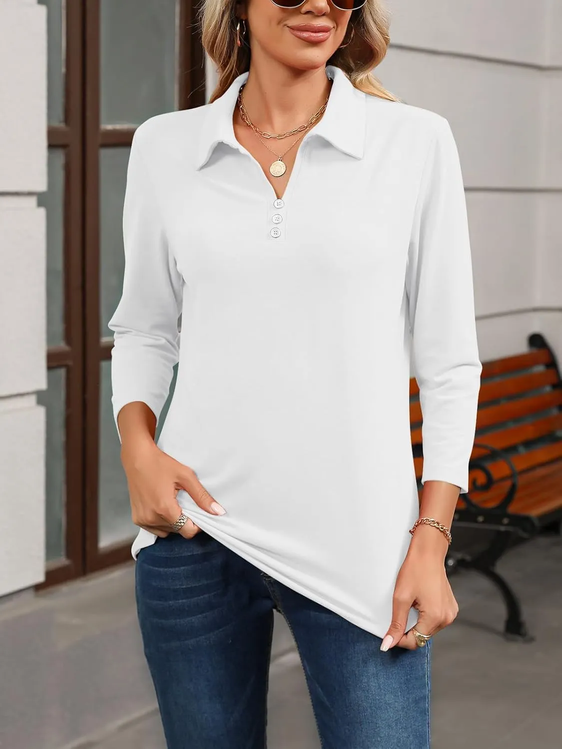 Womens Tops 3/4 Sleeve Polo Shirts Business Casual V Neck Collared Shirts Basic Tees Blouse