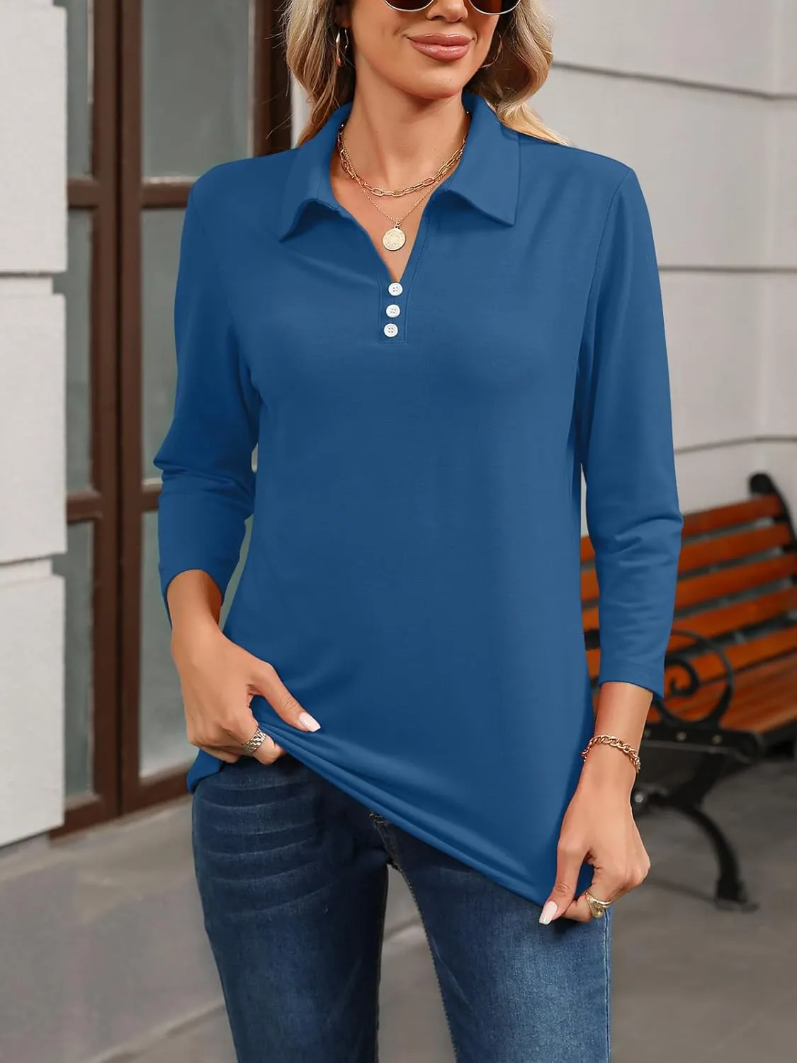 Womens Tops 3/4 Sleeve Polo Shirts Business Casual V Neck Collared Shirts Basic Tees Blouse