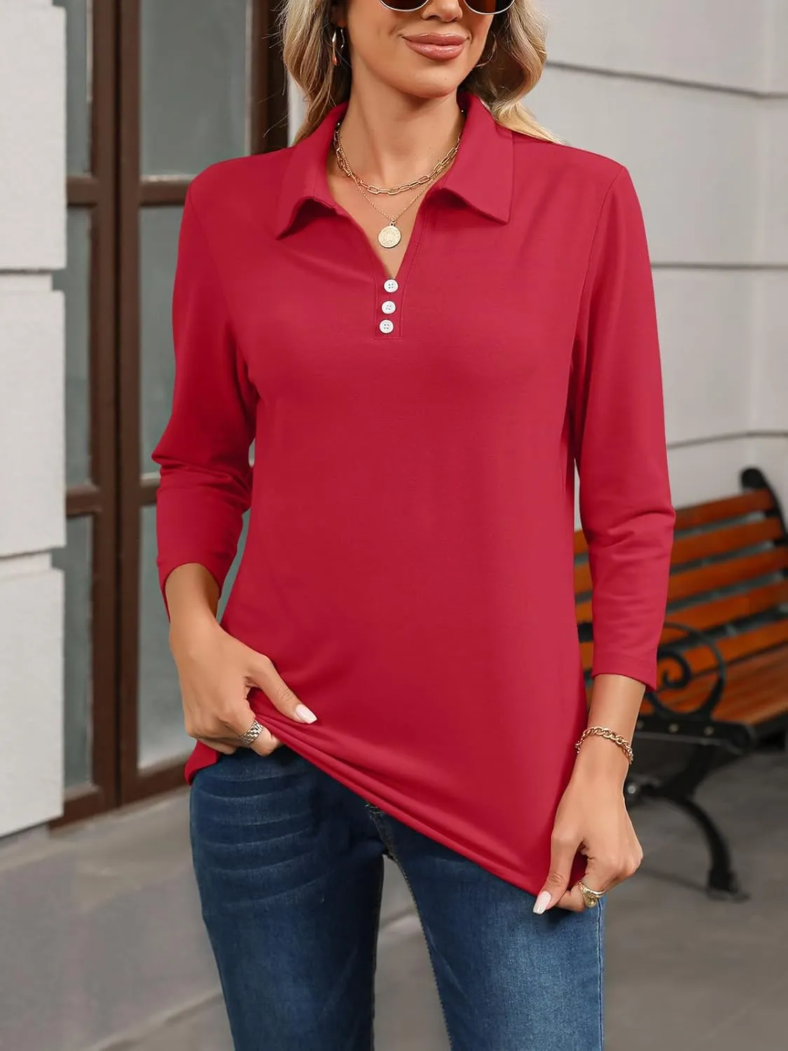 Womens Tops 3/4 Sleeve Polo Shirts Business Casual V Neck Collared Shirts Basic Tees Blouse