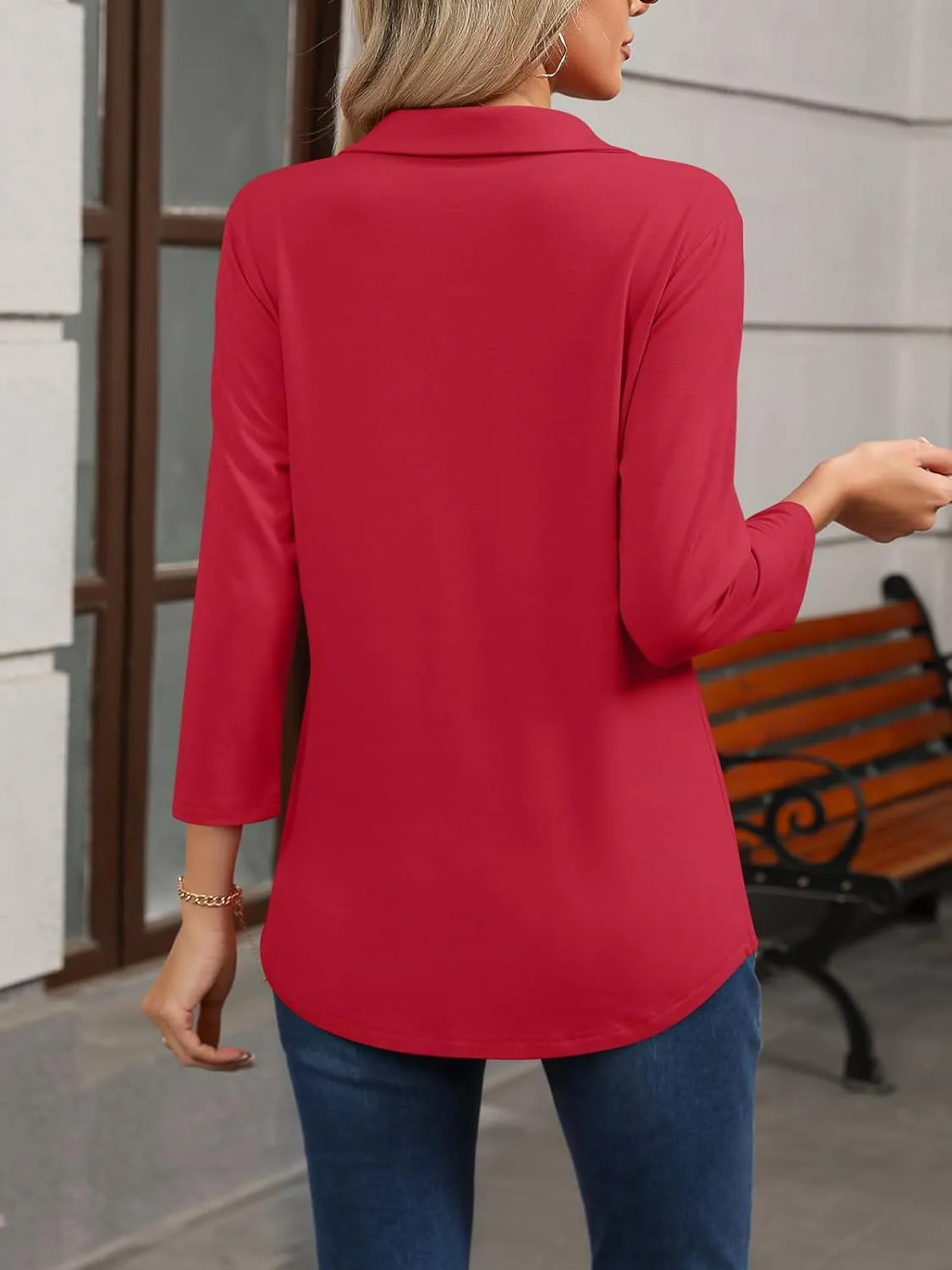 Womens Tops 3/4 Sleeve Polo Shirts Business Casual V Neck Collared Shirts Basic Tees Blouse