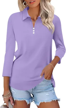 Womens Tops 3/4 Sleeve Polo Shirts Business Casual V Neck Collared Shirts Basic Tees Blouse