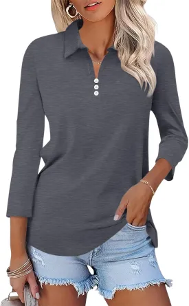 Womens Tops 3/4 Sleeve Polo Shirts Business Casual V Neck Collared Shirts Basic Tees Blouse