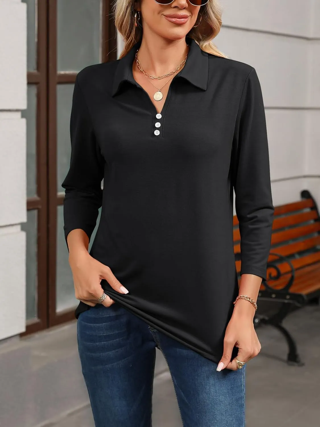 Womens Tops 3/4 Sleeve Polo Shirts Business Casual V Neck Collared Shirts Basic Tees Blouse