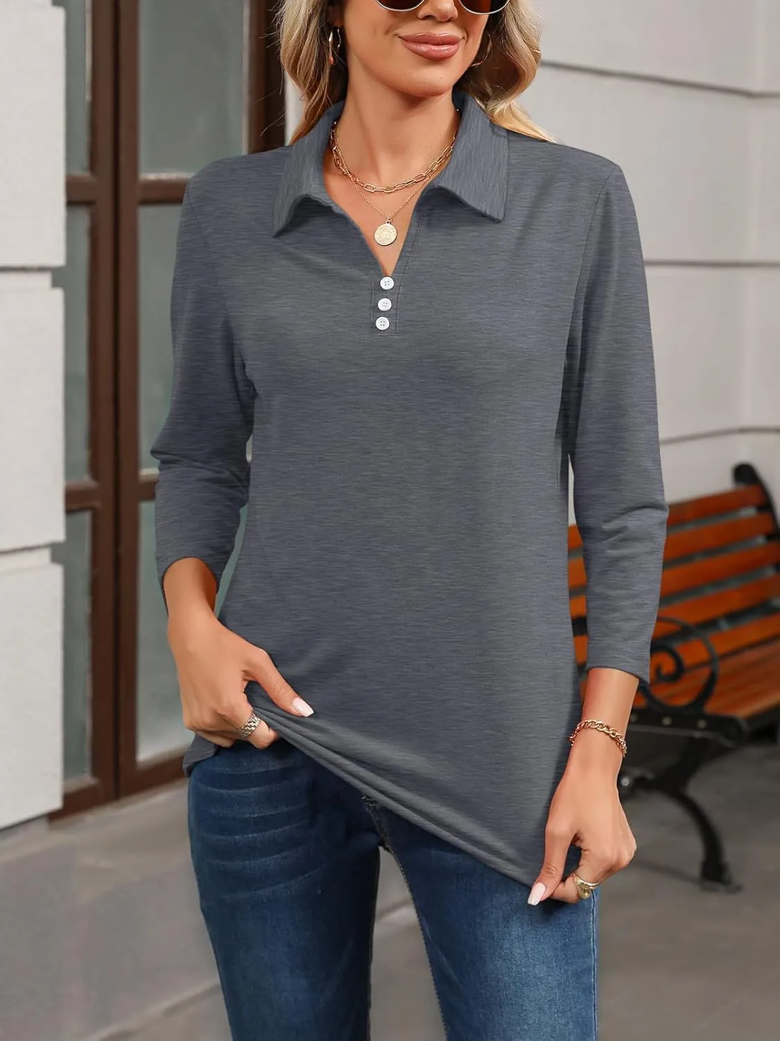 Womens Tops 3/4 Sleeve Polo Shirts Business Casual V Neck Collared Shirts Basic Tees Blouse