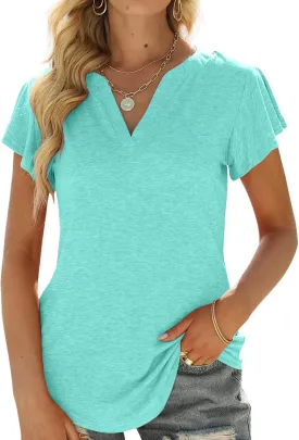 Womens Tops V Neck Ruffle Short Sleeve Tshirts Tunic Summer Business Casual Tops Blouses for Women