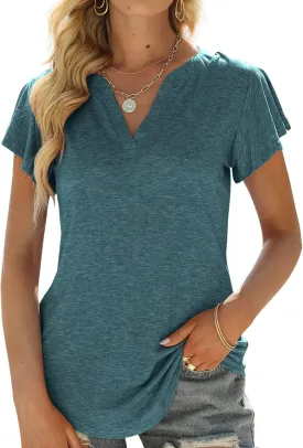Womens Tops V Neck Ruffle Short Sleeve Tshirts Tunic Summer Business Casual Tops Blouses for Women