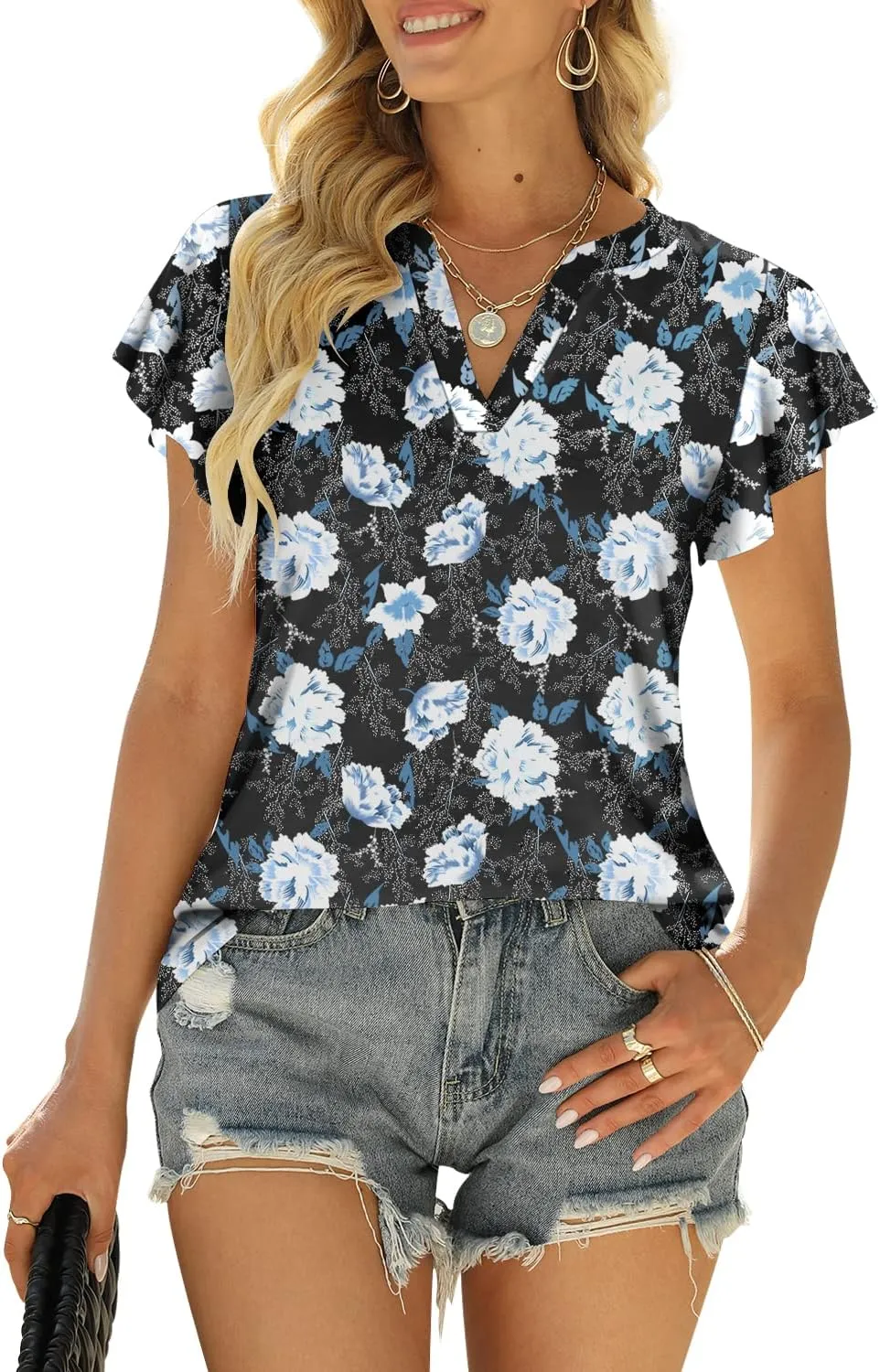Womens Tops V Neck Ruffle Short Sleeve Tshirts Tunic Summer Business Casual Tops Blouses for Women