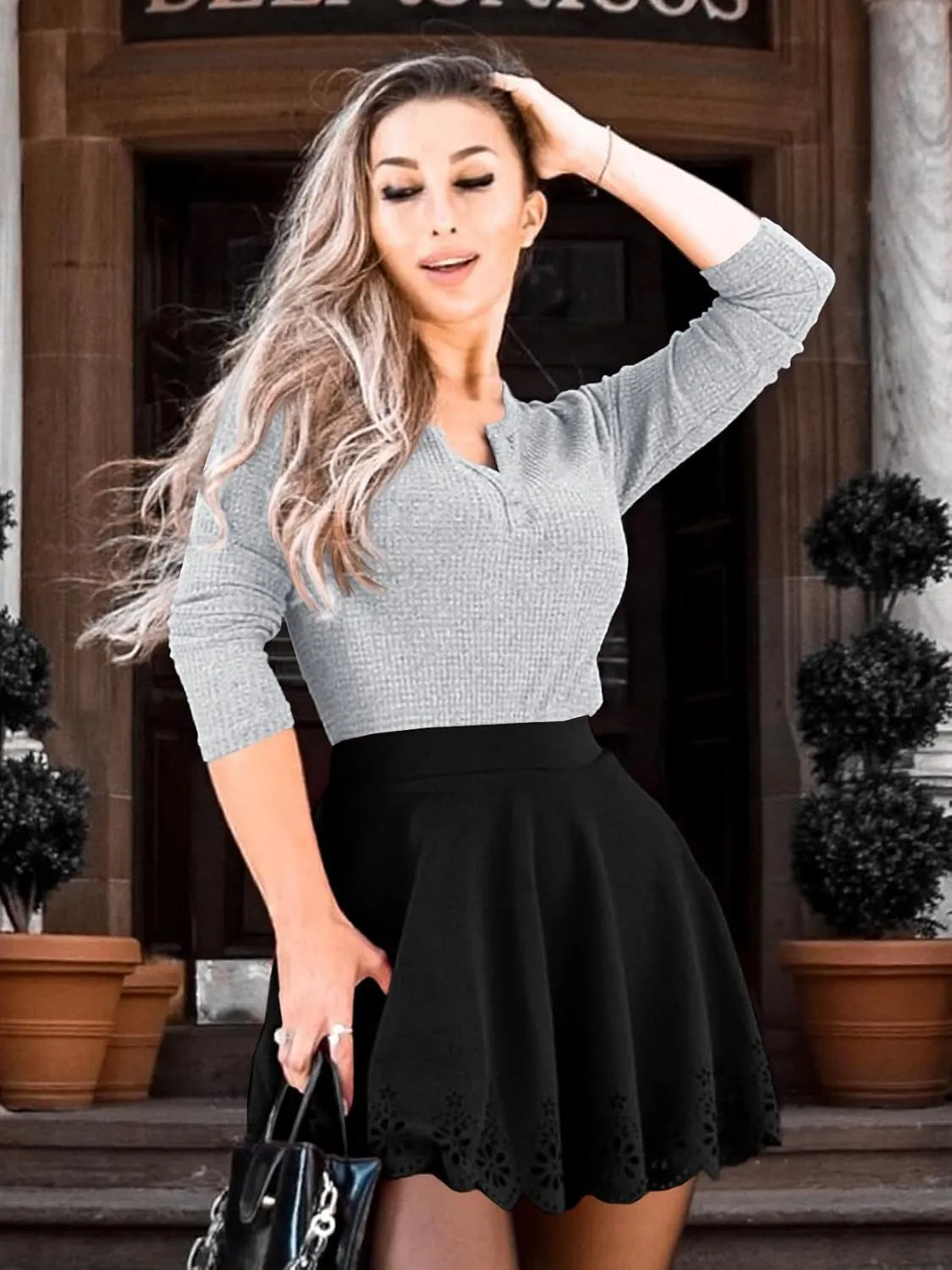 Women's V Neck Waffle Knit Henley Tops Casual Long Sleeve Pullover Sweater Blouses