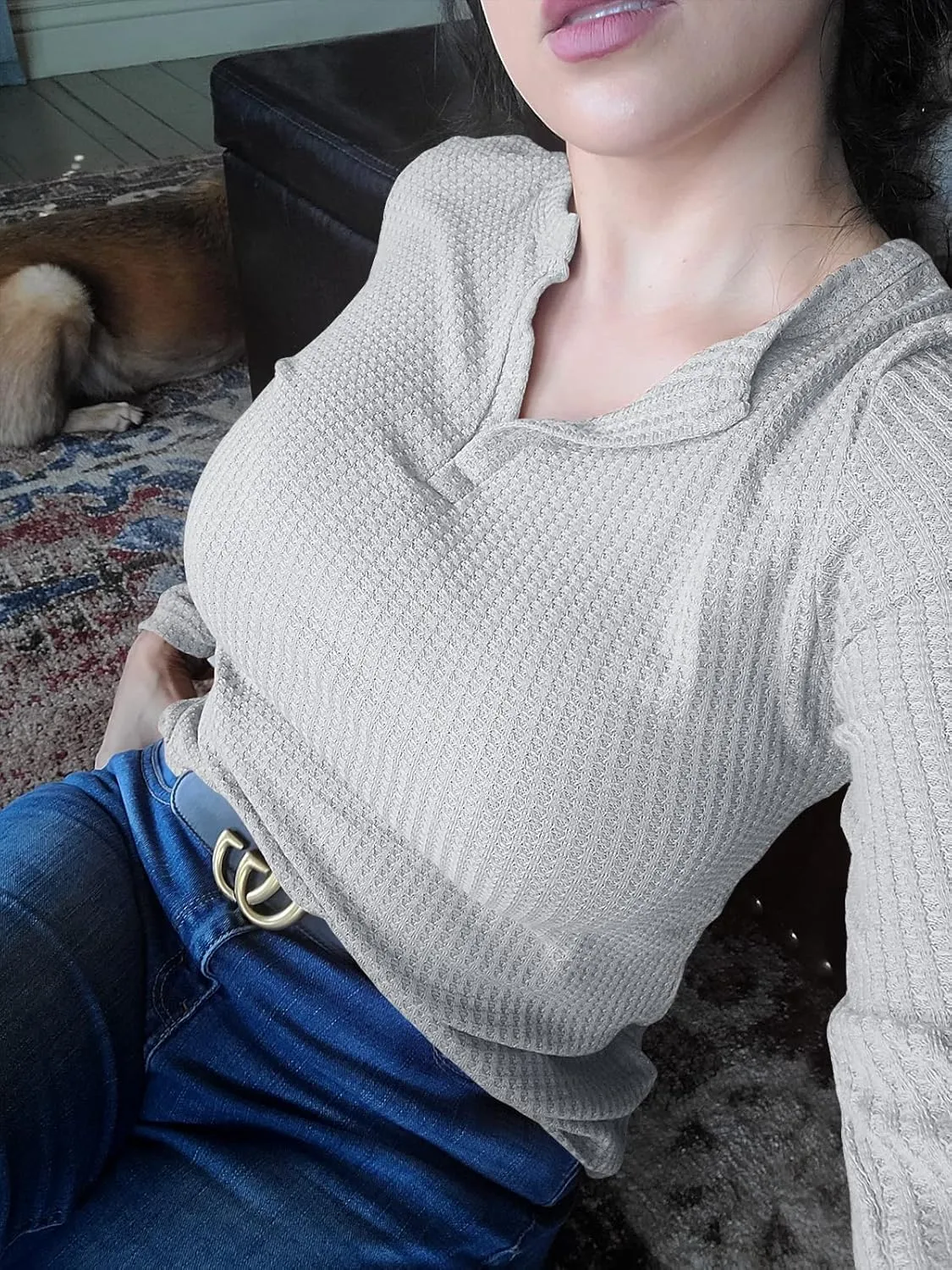 Women's V Neck Waffle Knit Henley Tops Casual Long Sleeve Pullover Sweater Blouses