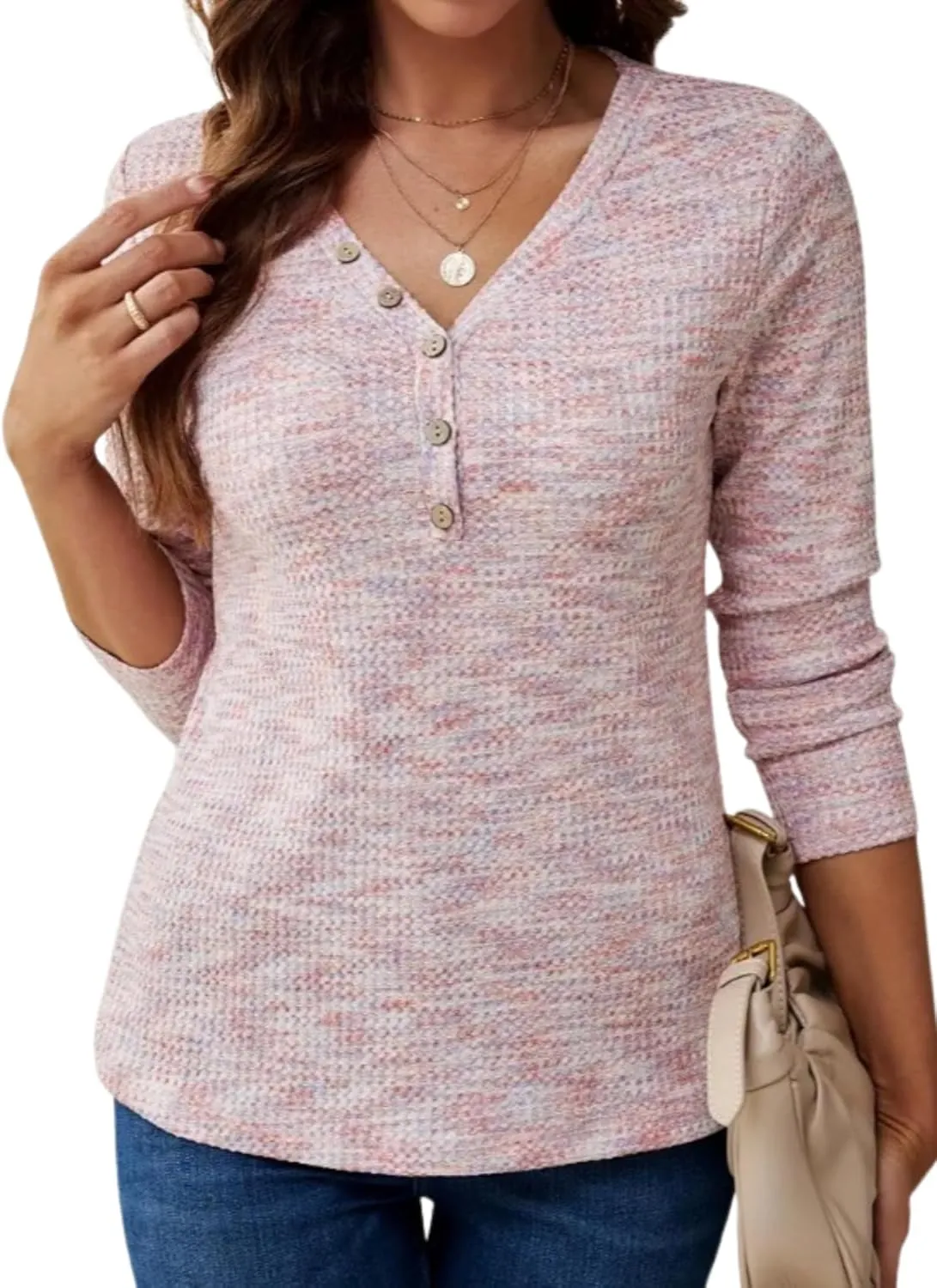 Womens Waffle Knit Top V Neck Long Sleeve Henley Shirts Button Up Fall T Shirt