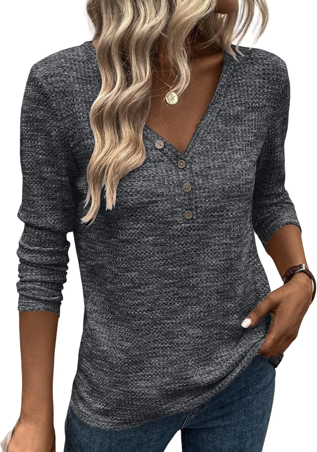 Womens Waffle Knit Top V Neck Long Sleeve Henley Shirts Button Up Fall T Shirt