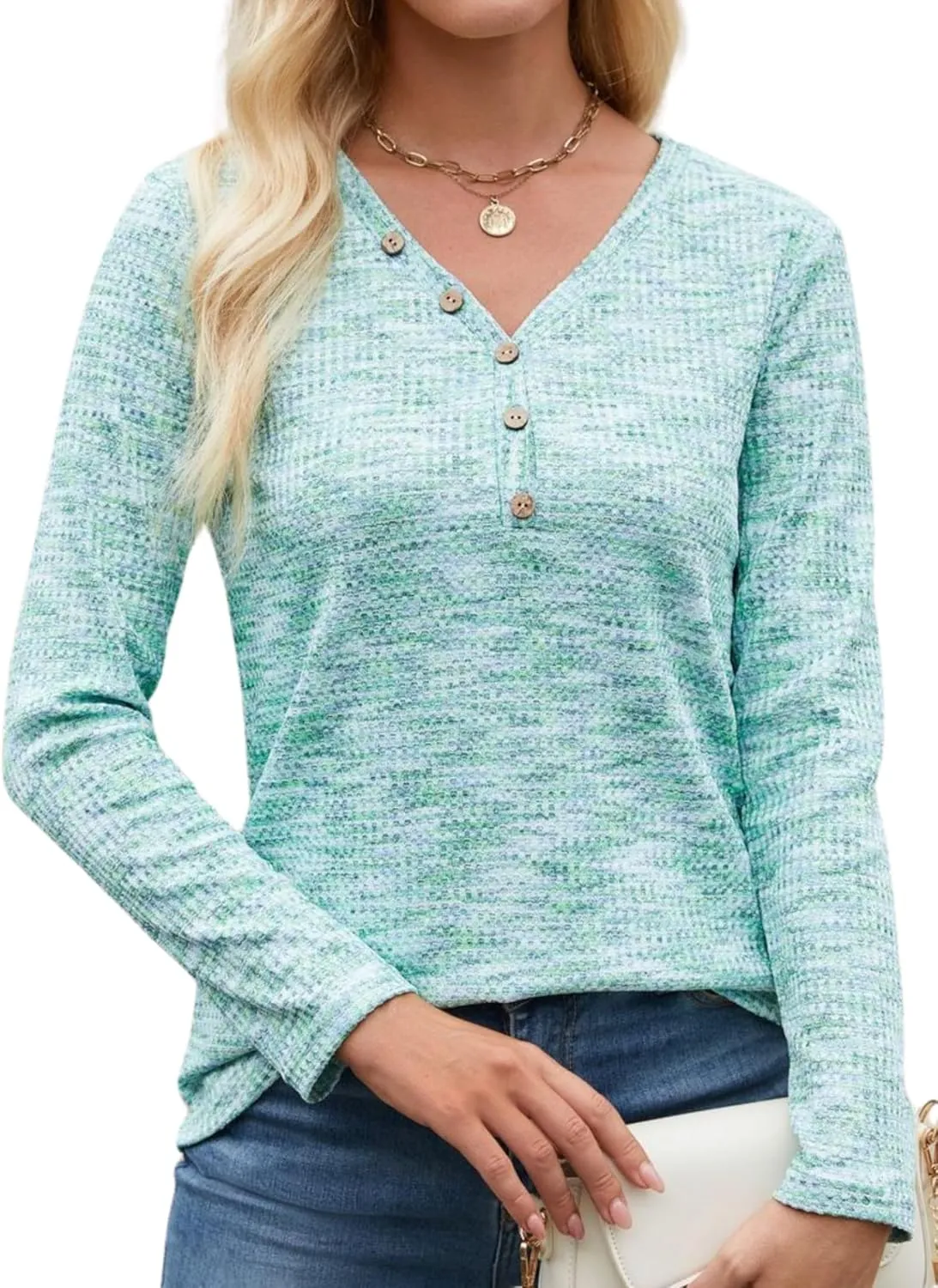 Womens Waffle Knit Top V Neck Long Sleeve Henley Shirts Button Up Fall T Shirt