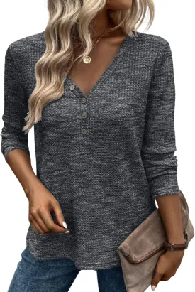 Womens Waffle Knit Top V Neck Long Sleeve Henley Shirts Button Up Fall T Shirt