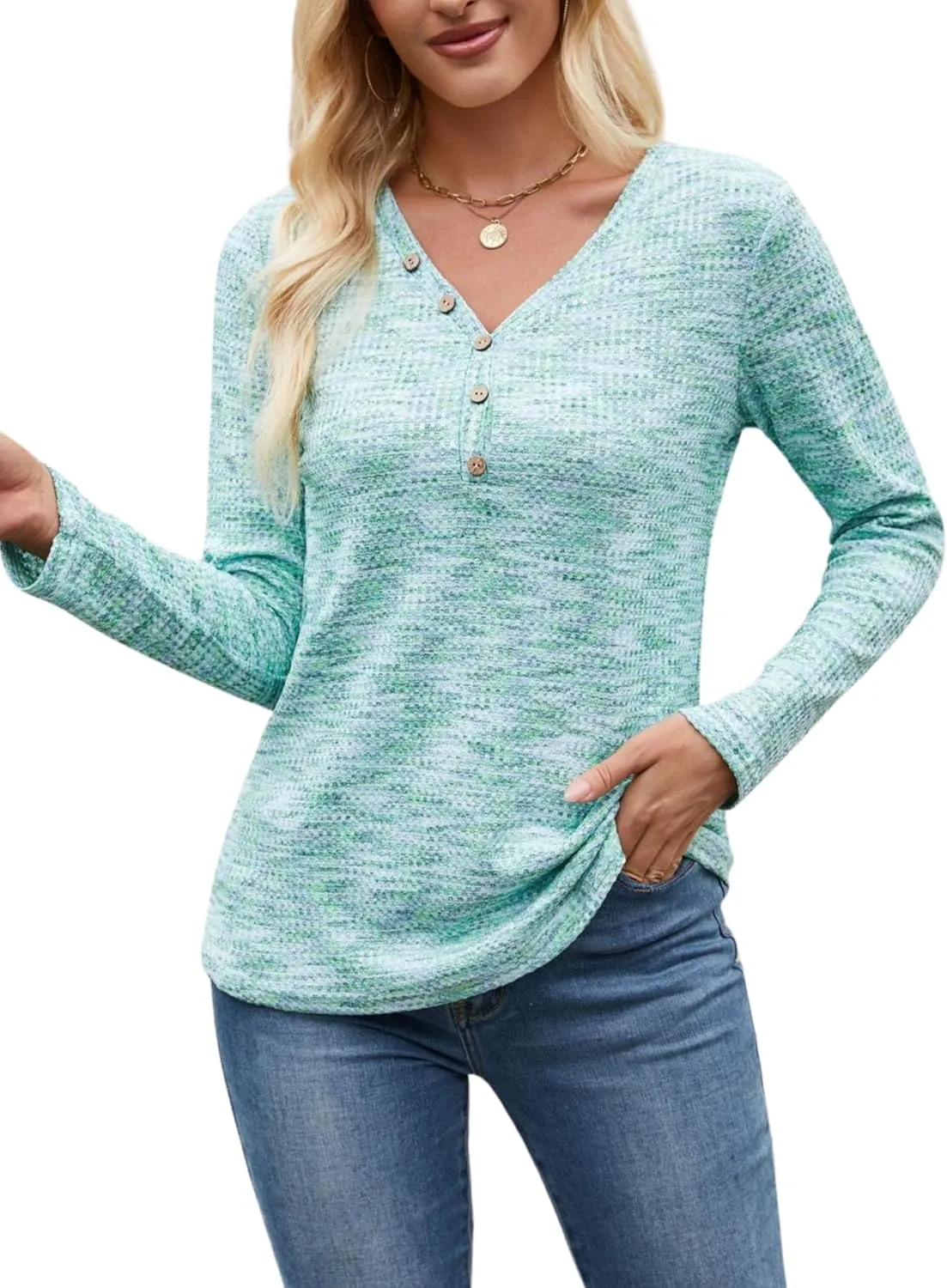 Womens Waffle Knit Top V Neck Long Sleeve Henley Shirts Button Up Fall T Shirt