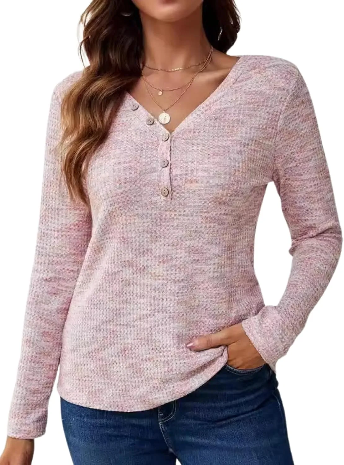 Womens Waffle Knit Top V Neck Long Sleeve Henley Shirts Button Up Fall T Shirt
