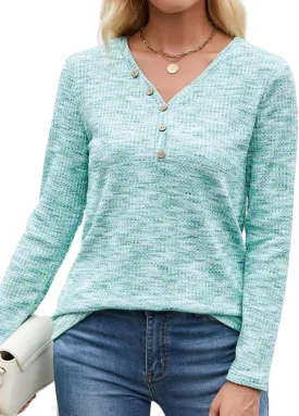 Womens Waffle Knit Top V Neck Long Sleeve Henley Shirts Button Up Fall T Shirt