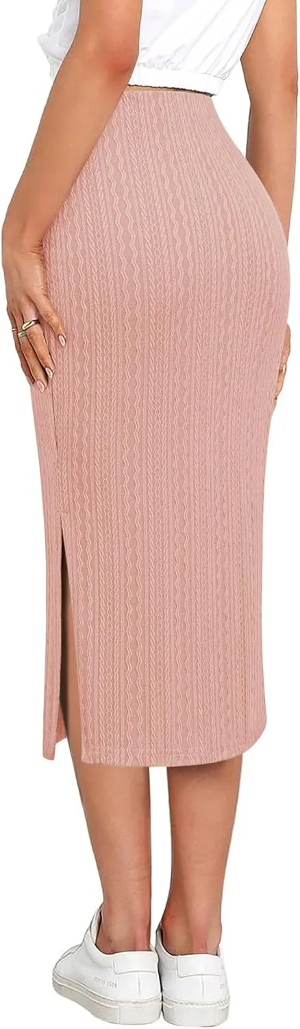 Zeagoo Womens Knit Midi Skirts Casual Pencil Skirt High Waisted Long Skirts with Slit Elegant Work Office Skirts