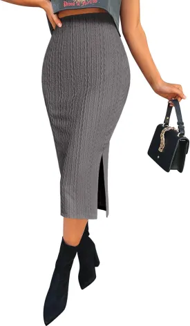 Zeagoo Womens Knit Midi Skirts Casual Pencil Skirt High Waisted Long Skirts with Slit Elegant Work Office Skirts