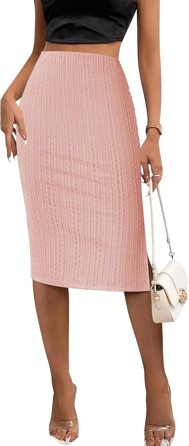 Zeagoo Womens Knit Midi Skirts Casual Pencil Skirt High Waisted Long Skirts with Slit Elegant Work Office Skirts