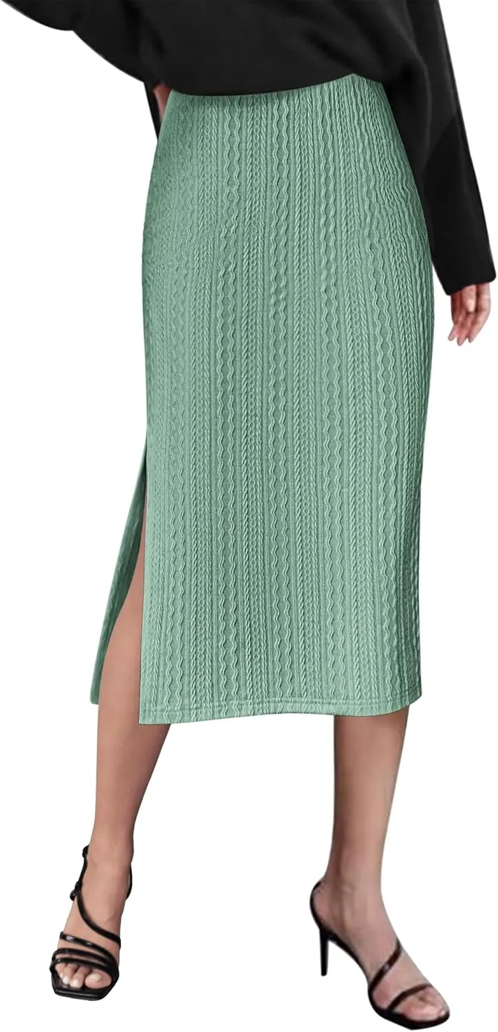 Zeagoo Womens Knit Midi Skirts Casual Pencil Skirt High Waisted Long Skirts with Slit Elegant Work Office Skirts