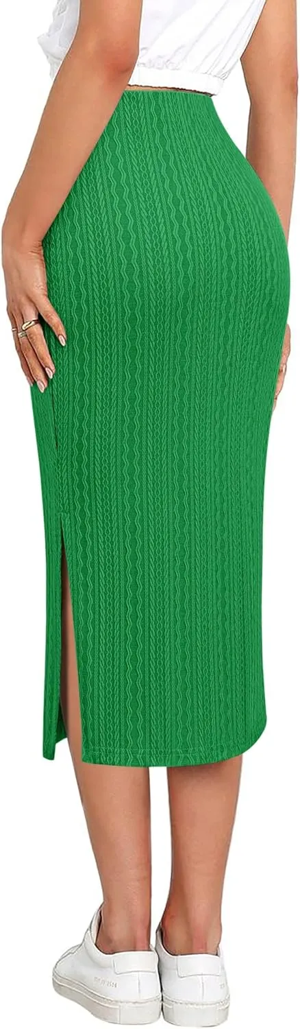Zeagoo Womens Knit Midi Skirts Casual Pencil Skirt High Waisted Long Skirts with Slit Elegant Work Office Skirts