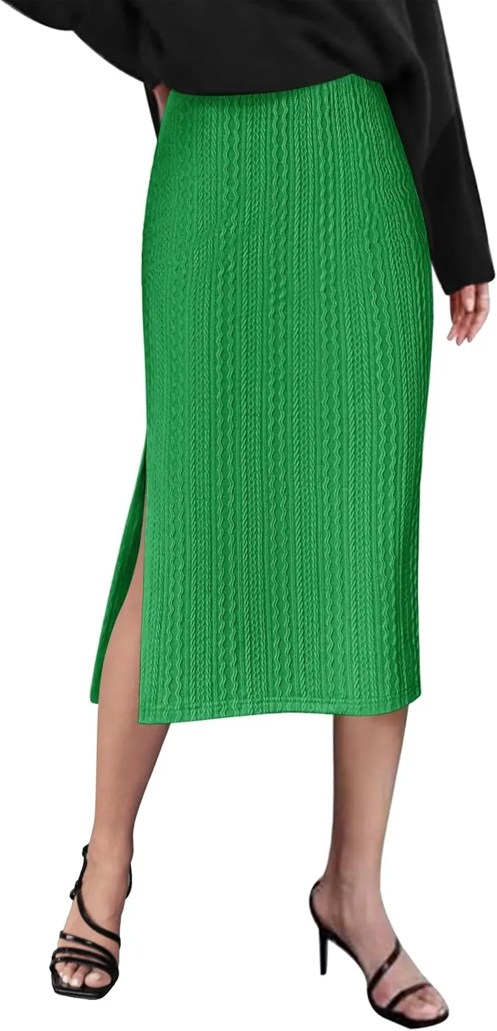 Zeagoo Womens Knit Midi Skirts Casual Pencil Skirt High Waisted Long Skirts with Slit Elegant Work Office Skirts