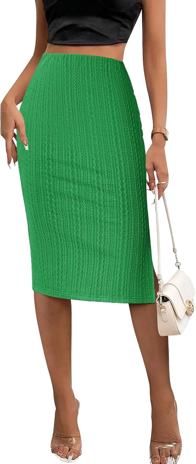 Zeagoo Womens Knit Midi Skirts Casual Pencil Skirt High Waisted Long Skirts with Slit Elegant Work Office Skirts