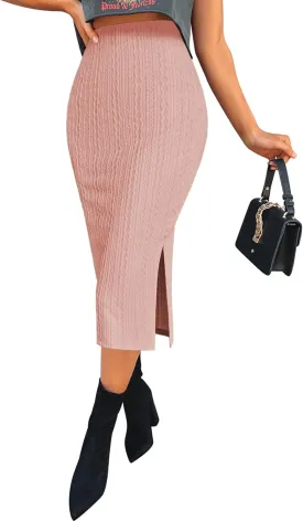 Zeagoo Womens Knit Midi Skirts Casual Pencil Skirt High Waisted Long Skirts with Slit Elegant Work Office Skirts