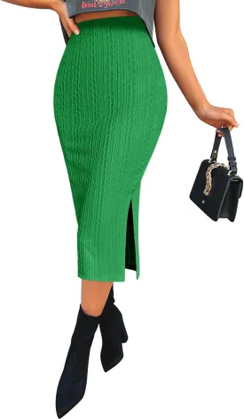 Zeagoo Womens Knit Midi Skirts Casual Pencil Skirt High Waisted Long Skirts with Slit Elegant Work Office Skirts