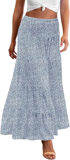 Zeagoo Women's Long Maxi Skirts Tiered Elastic High Waist Boho Double Layered Print A-Line Casual Midi Dress