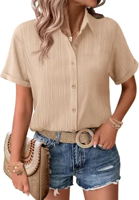 Zeagoo Womens Short Sleeve Button Down Shirt Casual Loose Fit Blouses Chest Pocket V Neck Collared Summer Tops