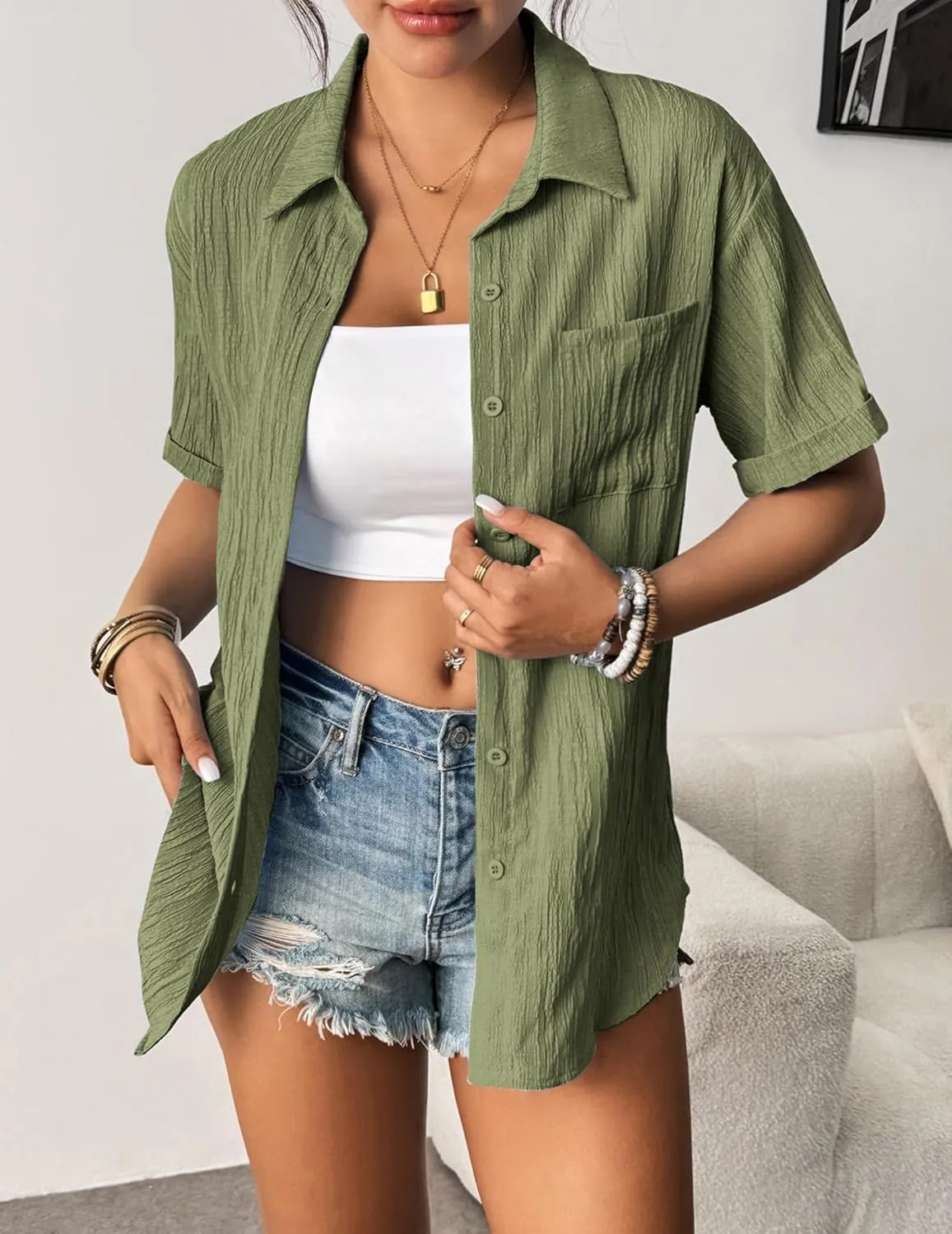 Zeagoo Womens Short Sleeve Button Down Shirt Casual Loose Fit Blouses Chest Pocket V Neck Collared Summer Tops