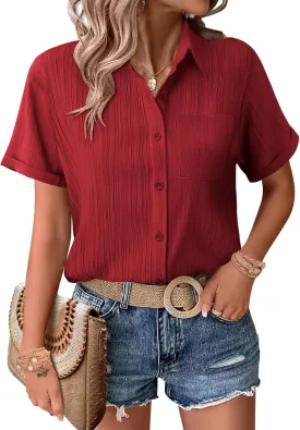 Zeagoo Womens Short Sleeve Button Down Shirt Casual Loose Fit Blouses Chest Pocket V Neck Collared Summer Tops