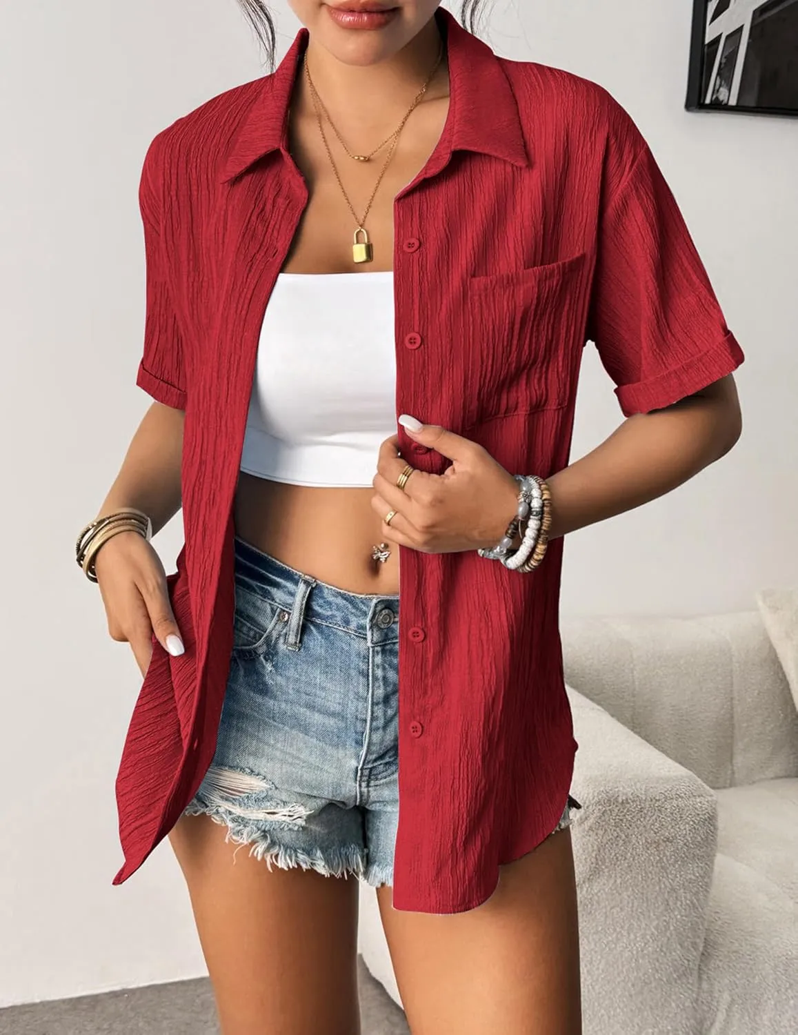 Zeagoo Womens Short Sleeve Button Down Shirt Casual Loose Fit Blouses Chest Pocket V Neck Collared Summer Tops