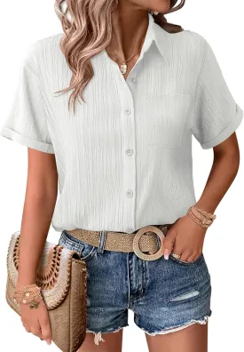 Zeagoo Womens Short Sleeve Button Down Shirt Casual Loose Fit Blouses Chest Pocket V Neck Collared Summer Tops