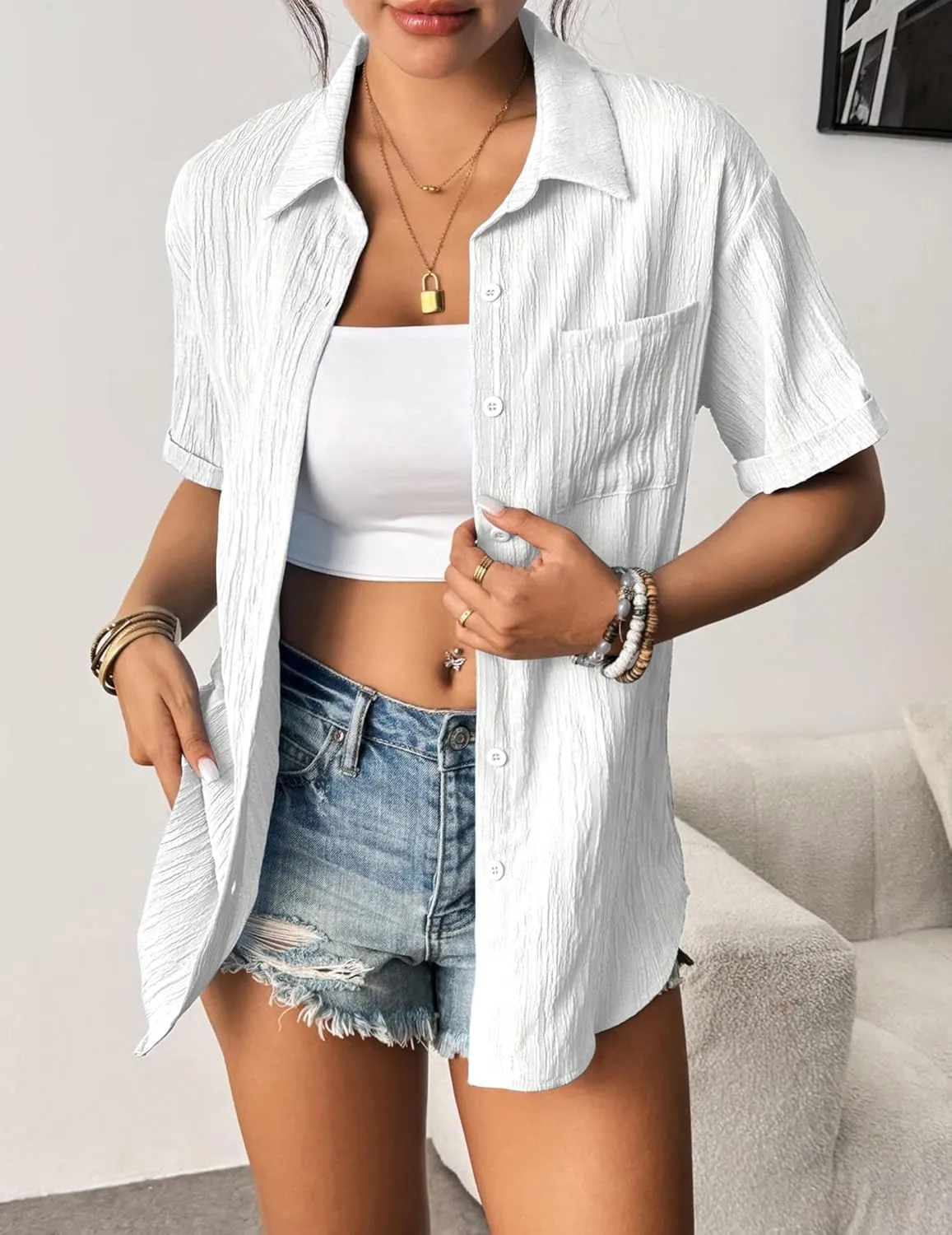 Zeagoo Womens Short Sleeve Button Down Shirt Casual Loose Fit Blouses Chest Pocket V Neck Collared Summer Tops