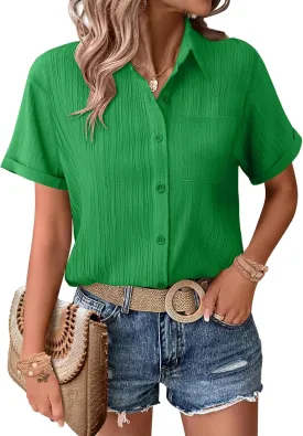 Zeagoo Womens Short Sleeve Button Down Shirt Casual Loose Fit Blouses Chest Pocket V Neck Collared Summer Tops